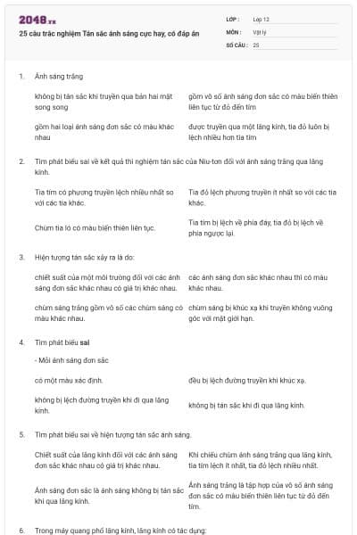 25 câu trắc nghiệm Tán sắc ánh sáng cực hay, có đáp án