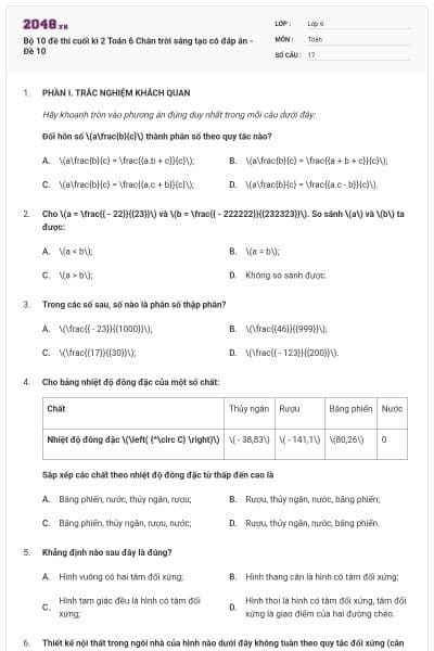 Bộ 10 đề thi cuối kì 2 Toán 6 Chân trời sáng tạo có đáp án - Đề 10