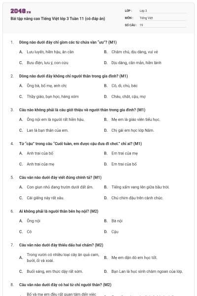 Bài tập nâng cao Tiếng Việt lớp 3 Tuần 11 (có đáp án)