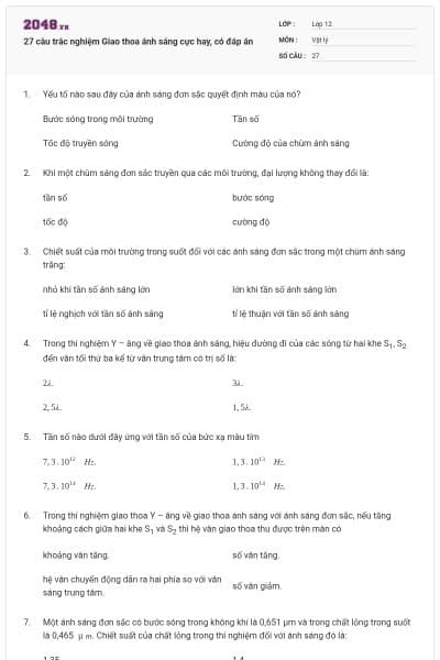 27 câu trắc nghiệm Giao thoa ánh sáng cực hay, có đáp án