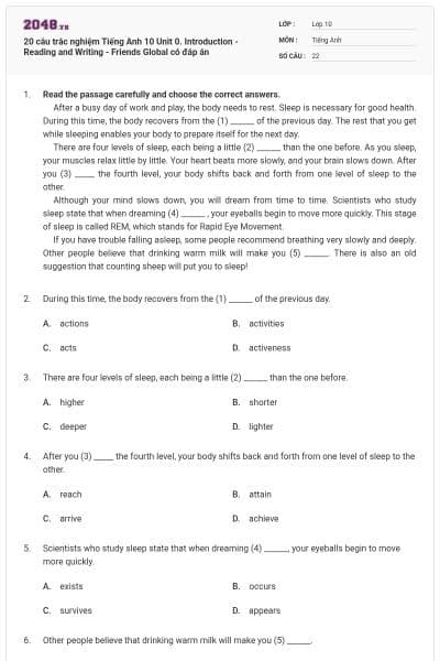 20 câu trắc nghiệm Tiếng Anh 10 Unit 0. Introduction - Reading and Writing - Friends Global có đáp án