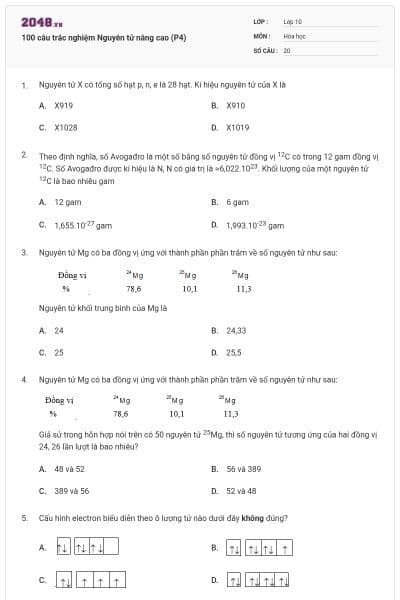 100 câu trắc nghiệm Nguyên tử nâng cao (P4)