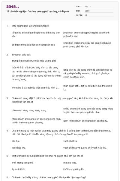 17 câu trắc nghiệm Các loại quang phổ cực hay, có đáp án