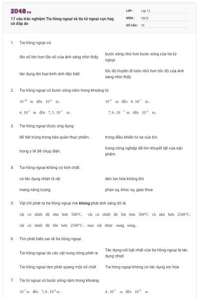 17 câu trắc nghiệm Tia hồng ngoại và tia tử ngoại cực hay, có đáp án