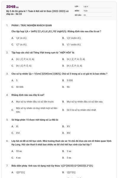 Bộ 5 đề thi giữa kì 1 Toán 6 Kết nối tri thức (2022-2023) có đáp án - Đề 03