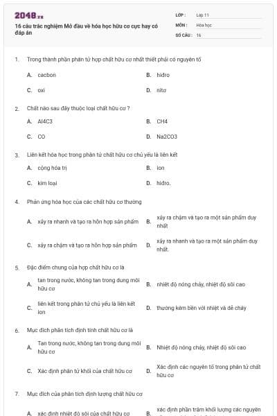 16 câu trắc nghiệm Mở đầu về hóa học hữu cơ cực hay có đáp án