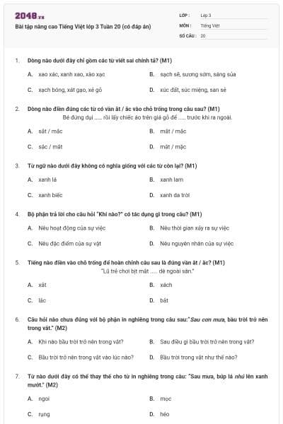 Bài tập nâng cao Tiếng Việt lớp 3 Tuần 20 (có đáp án)