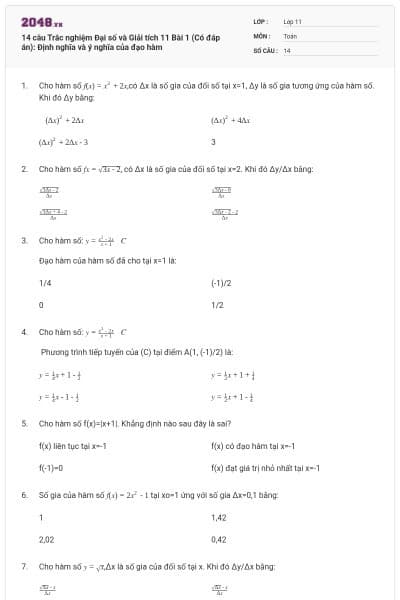 14 câu Trắc nghiệm Đại số và Giải tích 11 Bài 1 (Có đáp án): Định nghĩa và ý nghĩa của đạo hàm