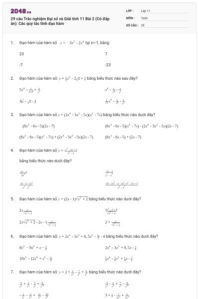 29 câu Trắc nghiệm Đại số và Giải tích 11 Bài 2 (Có đáp án): Các quy tắc tính đạo hàm