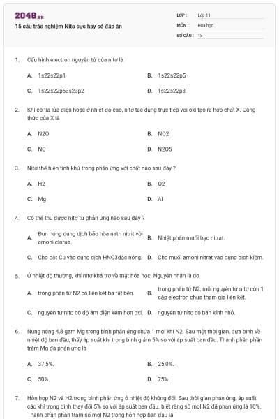 15 câu trắc nghiệm Nitơ cực hay có đáp án