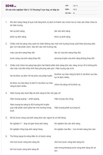 30 câu trắc nghiệm Vật Lí 12 Chương 5 cực hay, có đáp án