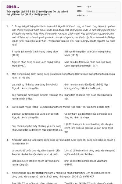 Trắc nghiệm Lịch Sử 8 Bài 23 (có đáp án): Ôn tập lịch sử thế giới hiện đại (1917 - 1945) (phần 2)
