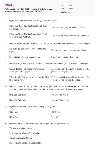 Trắc nghiệm Lịch Sử 8 Bài 24 (có đáp án): Cuộc kháng chiến từ năm 1858 đến năm 1873 (phần 2)