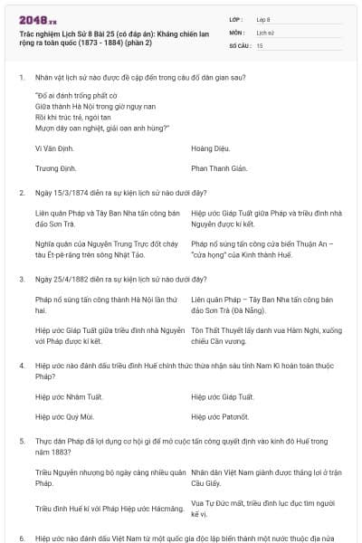 Trắc nghiệm Lịch Sử 8 Bài 25 (có đáp án): Kháng chiến lan rộng ra toàn quốc (1873 - 1884) (phần 2)