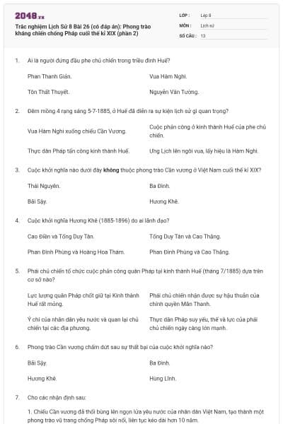 Trắc nghiệm Lịch Sử 8 Bài 26 (có đáp án): Phong trào kháng chiến chống Pháp cuối thế kỉ XIX (phần 2)