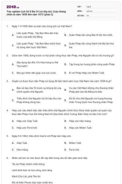 Trắc nghiệm Lịch Sử 8 Bài 24 (có đáp án): Cuộc kháng chiến từ năm 1858 đến năm 1873 (phần 2)