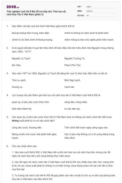 Trắc nghiệm Lịch Sử 8 Bài 28 (có đáp án): Trào lưu cải cách Duy Tân ở Việt Nam (phần 2)