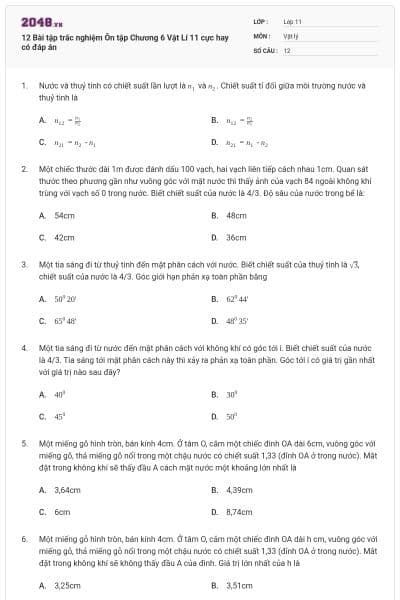 12 Bài tập trắc nghiệm Ôn tập Chương 6 Vật Lí 11 cực hay có đáp án