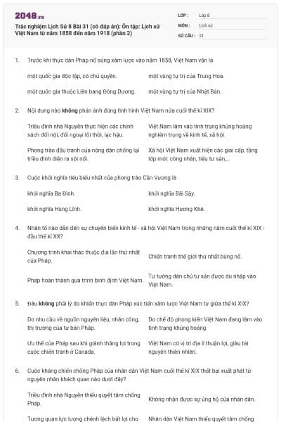 Trắc nghiệm Lịch Sử 8 Bài 31 (có đáp án): Ôn tập: Lịch sử Việt Nam từ năm 1858 đến năm 1918 (phần 2)
