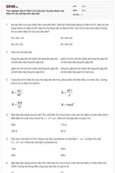 Trắc nghiệm Vật lí 9 Bài 9 (có đáp án): Sự phụ thuộc của điện trở vào vật liệu làm dây dẫn