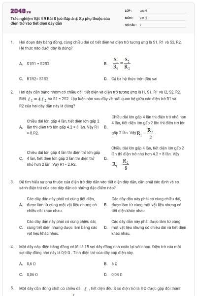 Trắc nghiệm Vật lí 9 Bài 8 (có đáp án): Sự phụ thuộc của điện trở vào tiết diện dây dẫn