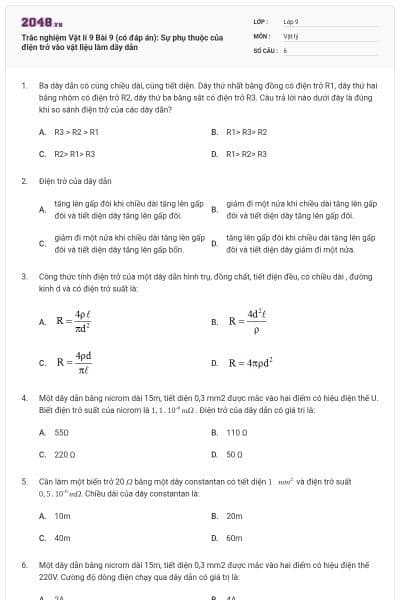 Trắc nghiệm Vật lí 9 Bài 9 (có đáp án): Sự phụ thuộc của điện trở vào vật liệu làm dây dẫn