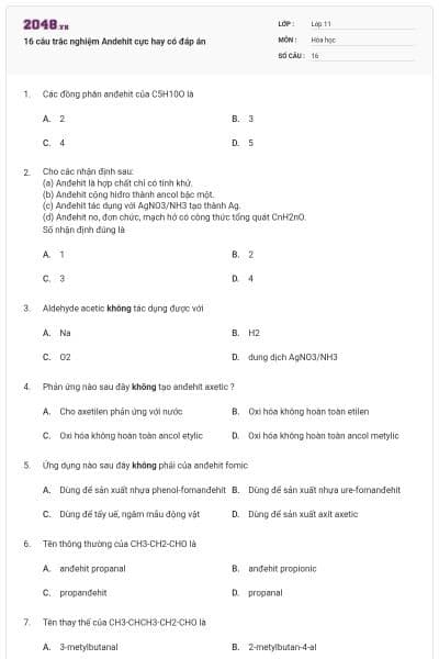 16 câu trắc nghiệm Andehit cực hay có đáp án