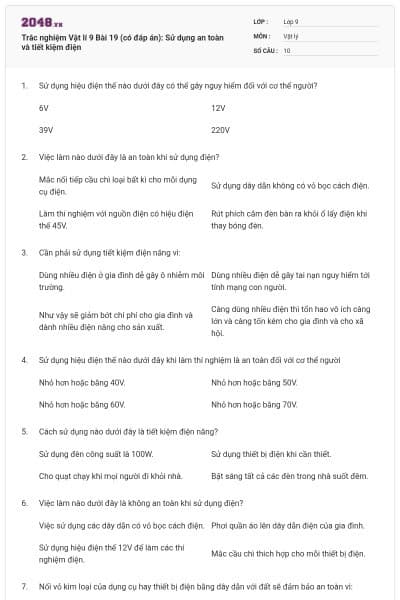 Trắc nghiệm Vật lí 9 Bài 19 (có đáp án): Sử dụng an toàn và tiết kiệm điện
