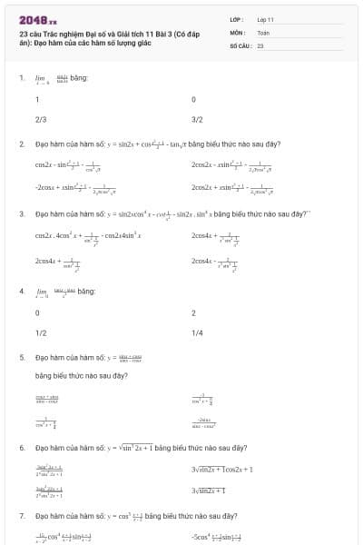 23 câu Trắc nghiệm Đại số và Giải tích 11 Bài 3 (Có đáp án): Đạo hàm của các hàm số lượng giác