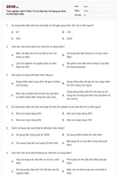 Trắc nghiệm Vật lí 9 Bài 19 (có đáp án): Sử dụng an toàn và tiết kiệm điện