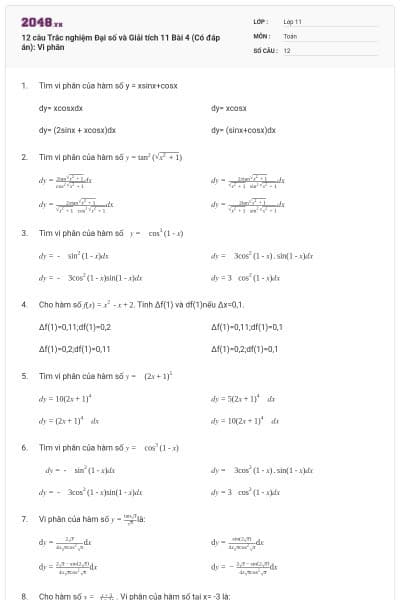 12 câu Trắc nghiệm Đại số và Giải tích 11 Bài 4 (Có đáp án): Vi phân