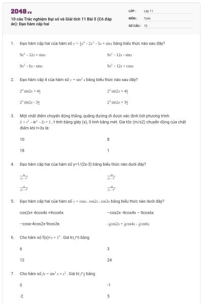 10 câu Trắc nghiệm Đại số và Giải tích 11 Bài 5 (Có đáp án): Đạo hàm cấp hai