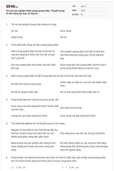 29 câu trắc nghiệm Hiện tượng quang điện, Thuyết lượng tử ánh sáng cực hay, có đáp án