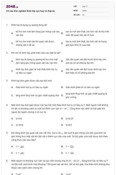 24 câu trắc nghiệm Kính lúp cực hay có đáp án