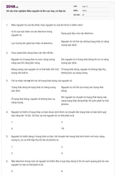 30 câu trắc nghiệm Mẫu nguyên tử Bo cực hay, có đáp án