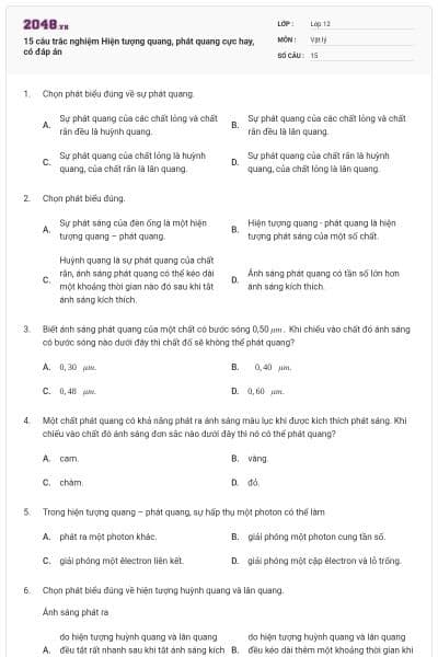 15 câu trắc nghiệm Hiện tượng quang, phát quang cực hay, có đáp án
