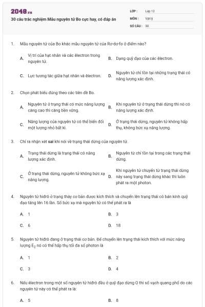 30 câu trắc nghiệm Mẫu nguyên tử Bo cực hay, có đáp án