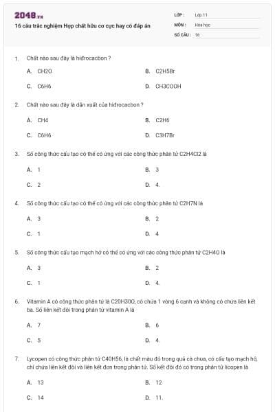 16 câu trắc nghiệm Hợp chất hữu cơ cực hay có đáp án