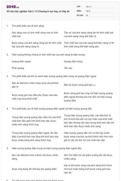 30 câu trắc nghiệm Vật Lí 12 Chương 6 cực hay, có đáp án