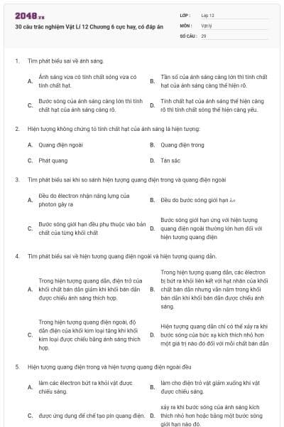 30 câu trắc nghiệm Vật Lí 12 Chương 6 cực hay, có đáp án