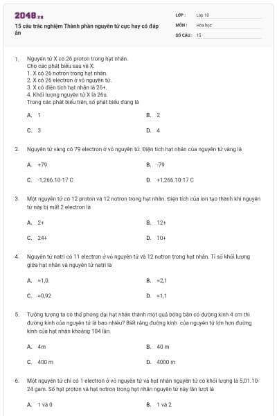 15 câu trắc nghiệm Thành phần nguyên tử cực hay có đáp án