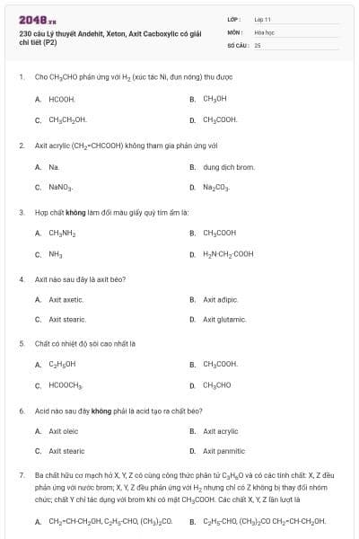 230 câu Lý thuyết Andehit, Xeton, Axit Cacboxylic có giải chi tiết (P2)
