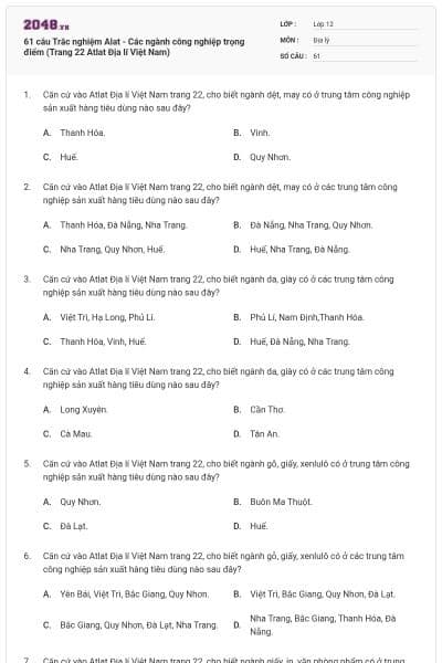 61 câu Trắc nghiệm Alat - Các ngành công nghiệp trọng điểm (Trang 22 Atlat Địa lí Việt Nam)