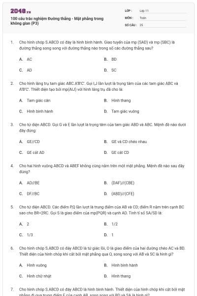 100 câu trắc nghiệm Đường thẳng - Mặt phẳng trong không gian (P3)