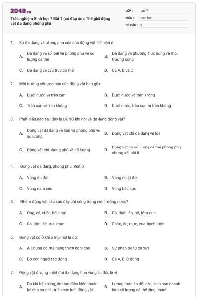 Trắc nghiệm Sinh học 7 Bài 1 (có đáp án): Thế giới động vật đa dạng phong phú