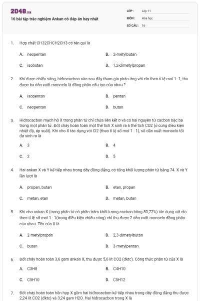 16 bài tập trắc nghiệm Ankan có đáp án hay nhất