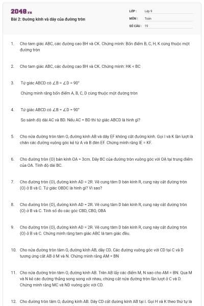 Bài 2: Đường kính và dây của đường tròn