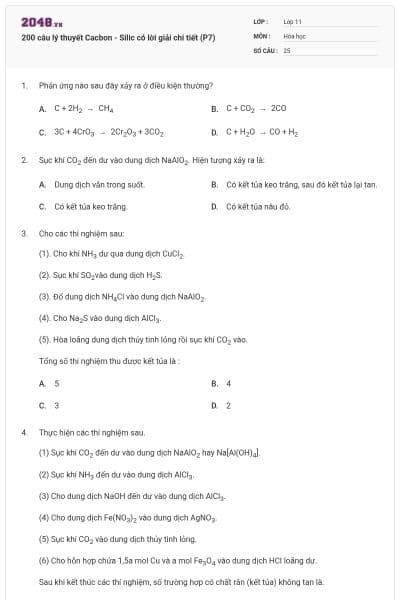 200 câu lý thuyết Cacbon - Silic có lời giải chi tiết (P7)