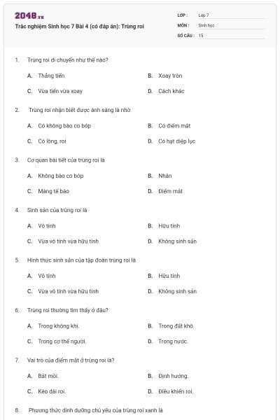 Trắc nghiệm Sinh học 7 Bài 4 (có đáp án): Trùng roi