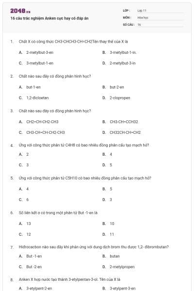16 câu trắc nghiệm Anken cực hay có đáp án